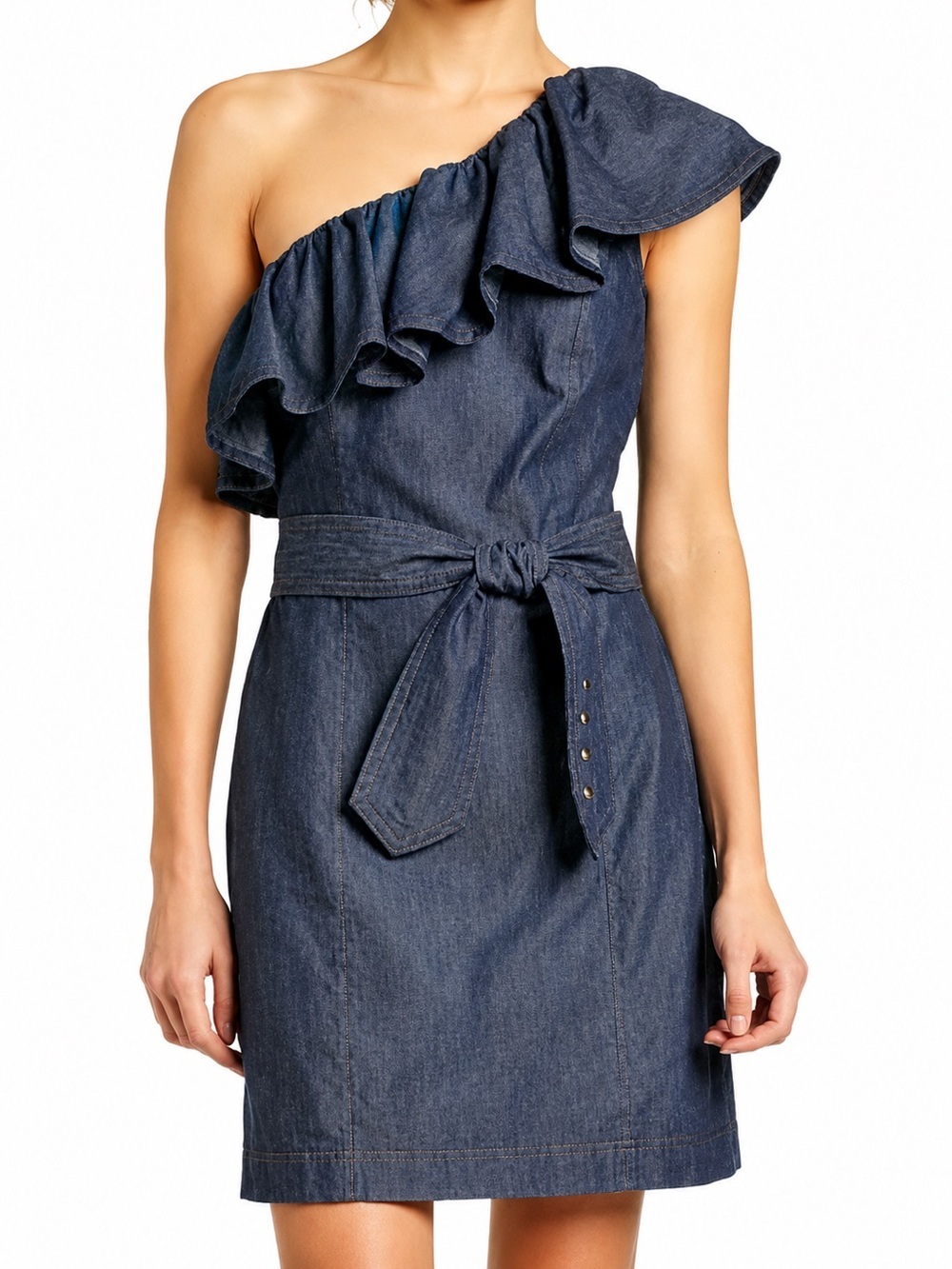 Trina Turk chambray one shoulder dress, no belt, size 8